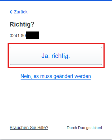 Screenshot des Fensters "Richtig?" auf dem der Button "Ja, richtig." markiert ist.