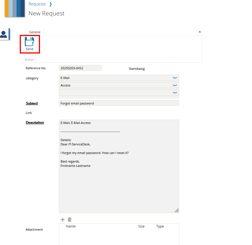 Screenshot of the request form.The fields are described in steps 2 to 6.