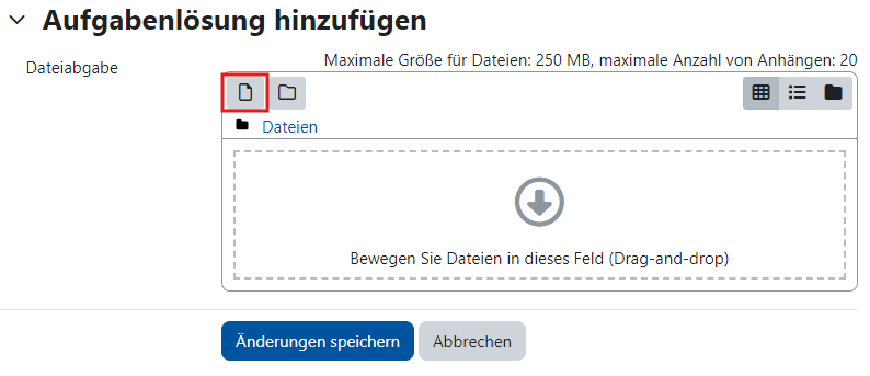 Screenshot des Uploadfelds für die Dateiabgabe. Links oben im Uploadfeld ist die Schaltfläche zum Auswählen einer Datei rot eingerahmt.