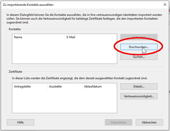 Zwischengespeichertes Stammzertifikat wählen Zwischengespeichertes Stammzertifikat wählen