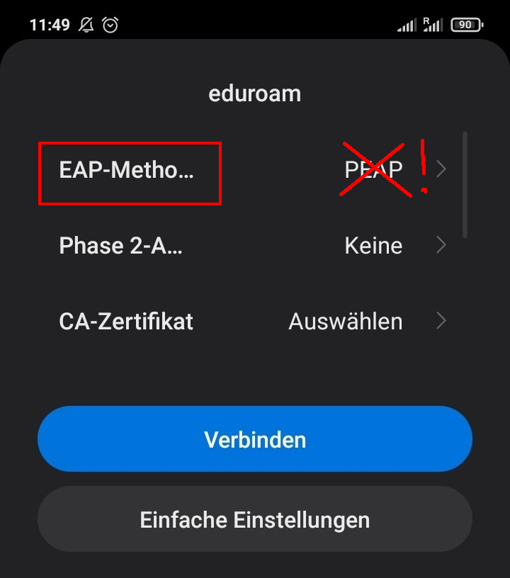 Screenshot der erweiterten Einstellungen. Die EAP-Methode ist als erstes Element aufgelistet. Darunter steht "Phase 2".
