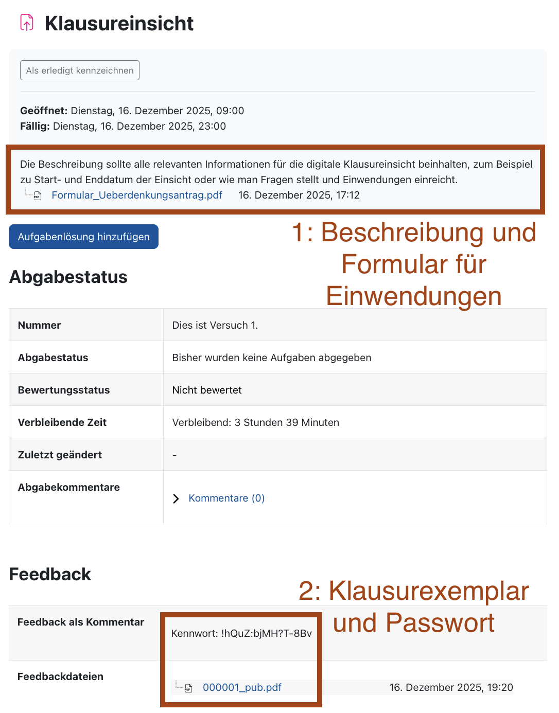 Screenshot: Klausureinsicht. Aufgaben-Beschreibung mit dem Link zum Formular für Einwendungen. Unten ist im Bereich "Feedback" das individuell bereitgestellte Klausurexemplar zusammen mit dem Passwort verfügbar.