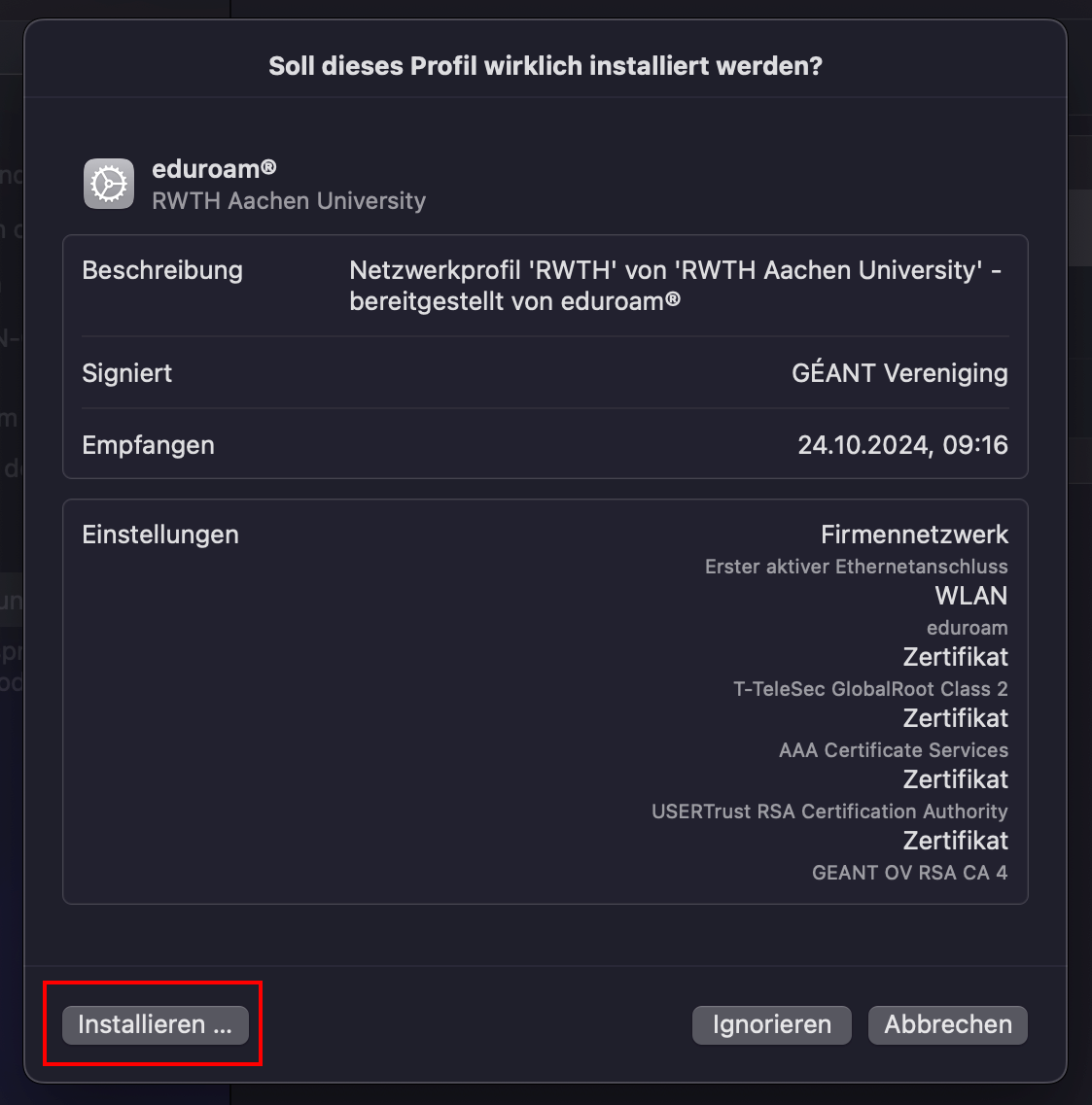 Screenshot des Installationsprogramms. Es erscheint das Popup-Fenster "Soll dieses Profil wirklich installiert werden?" Darunter befinden sich die technischen Daten des Profils. Danach folgen 3 Schaltflächen: Installieren, Ignorieren und Abbrechen.