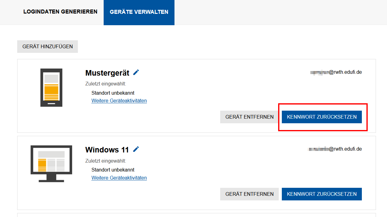 Screenshot der Geräteverwaltung. Die Schaltfläche "Kennwort zurücksetzen" befindet sich nach der Schaltfläche "Gerät entfernen".