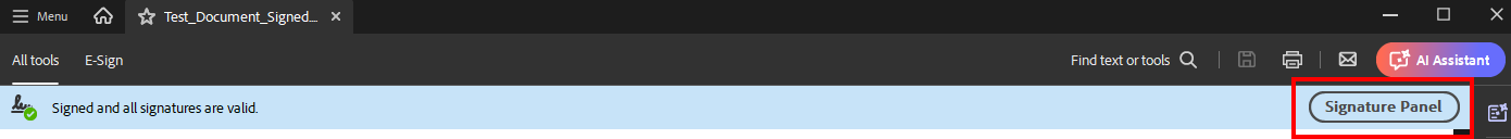 Open Signature Window Screenshot of the status bar with the valid signature message. The "Signature Panel" button is inside the status bar.