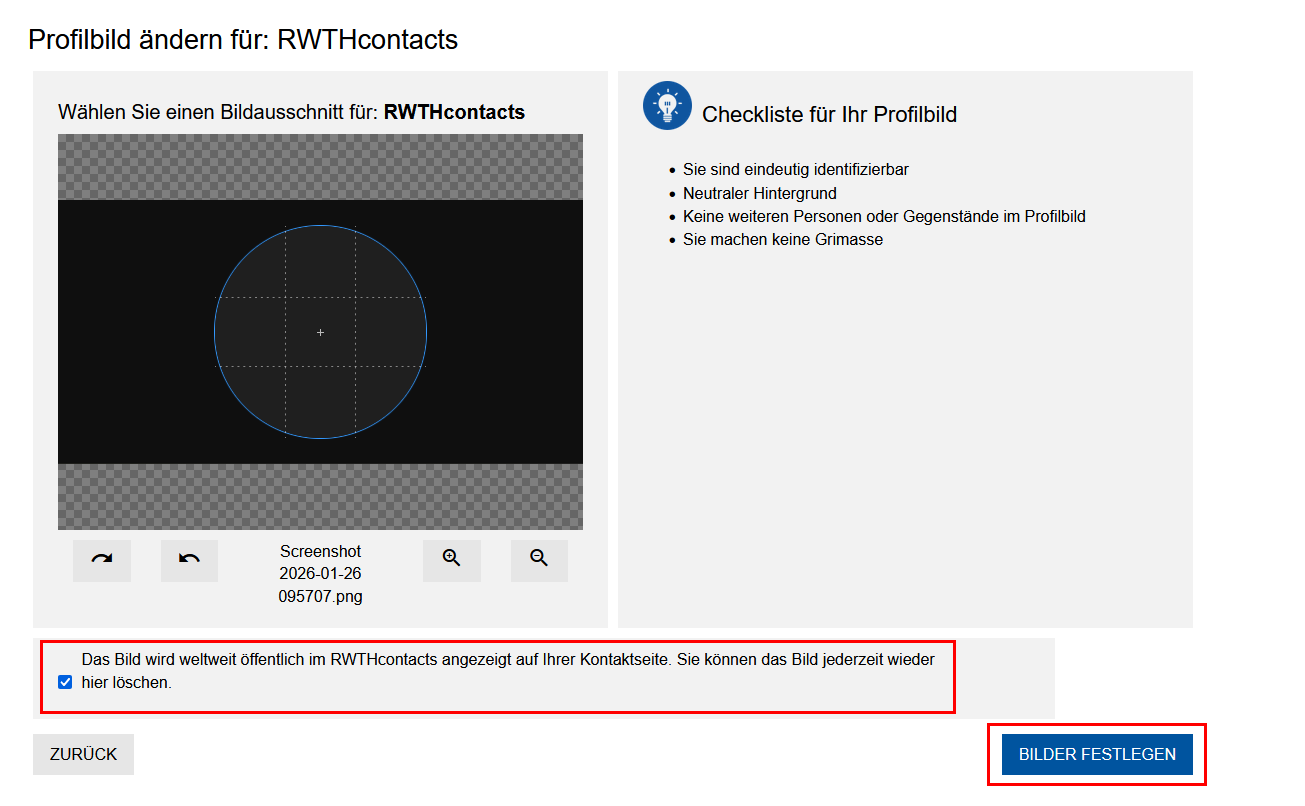 Screenshot des PictureManagers. Unter der Checkliste für Ihr Profilbild befindet sich den Hinweis zur Bildveröffentlichung. Der Inhalt des Hinweises variiert je nach Anwendung. Darunter befinden sich die Schaltflächen "Zurück" und "Bilder festlegen".