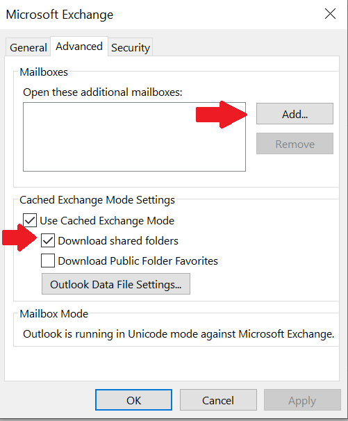 This picture shows how to add the e-mail Screenshot of the Microsoft Exchange window, which graphically displays the selection of options from step 7. The Add option is located to the right of the outlined area and is marked with an arrow. The Download shared folders option is located under Use Exchange cache mode in the Exchange cache mode settings field and is marked with an arrow.