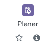 Der Ausschnitt zeigt die Auswahl für die Aktivität "Planer". Dargestellt ist ein Buch-Icon in lila, darunter der Text "Planer" und zwei Symbole, ein Stern um die Materialart als Favoriten zu markieren sowie ein Info-Symbol (ein i auf einem grauen Kreis) um nach einem Klick weitere Informationen zu dieser Materialart zu erhalten.