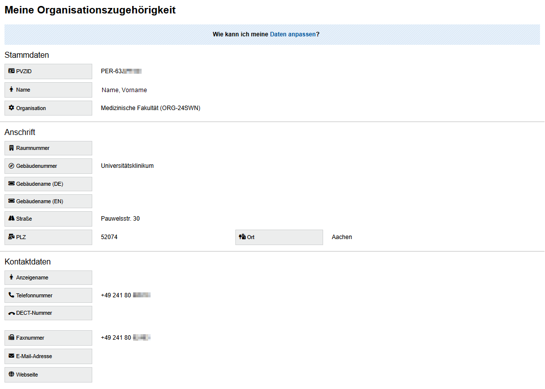 Ein Screenshot von der Detailansicht der Organisationszugehörigkeit. In der Ansicht sind die Stammdaten, Anschrift und Kontaktdaten gelistet.