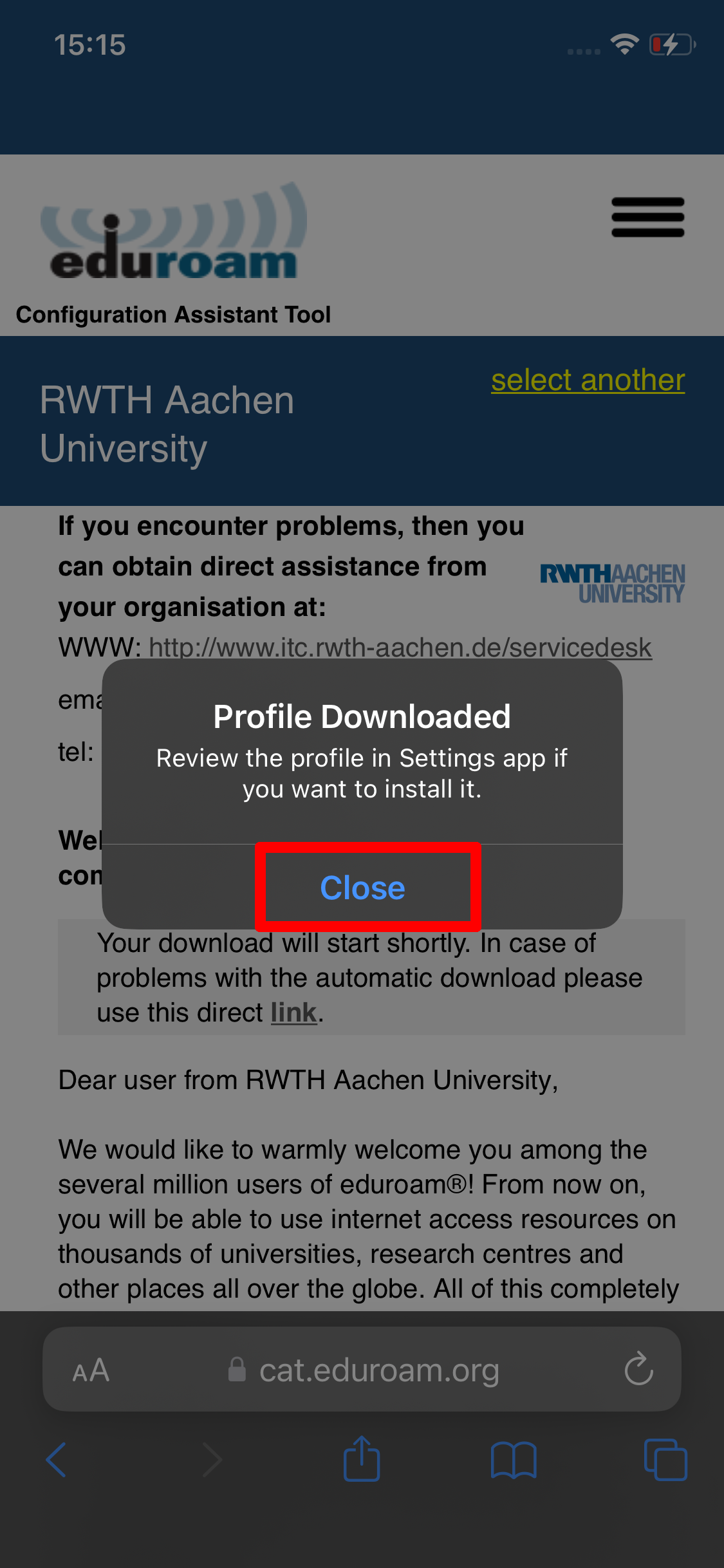 The pop-up window displays the following: "Profile downloaded. Review the profile in Settings if you want to install it".