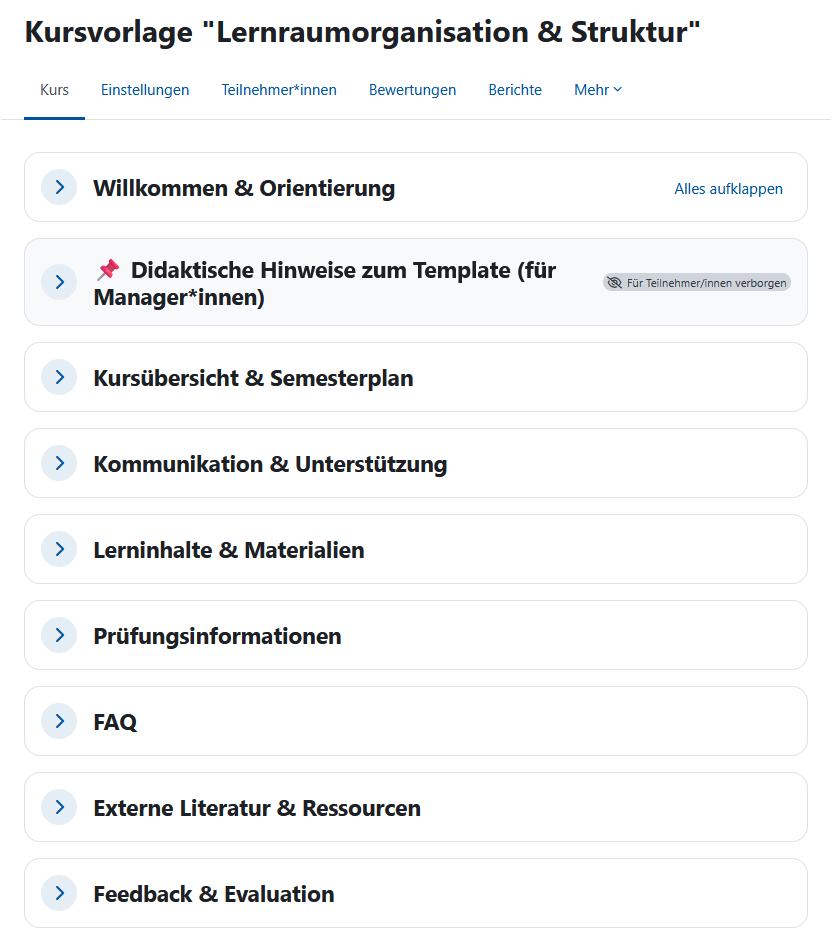 Screenshot: Lernraum mit der Überschrift "Lernraumorganisation und Struktur" und den Abschnitten "Allgemeines", "Didaktische Hinweise zum Template (für Manager*innen)", "Kursübersicht und Organisatorisches", "Ankündigungen, Kontakt und Frageforum", "Lerninhalte und Materialien", "Prüfungsvorbereitung und Altklausuren", "FAQ", "Externe Literatur und Ressourcen" sowie "Feedback und Evaluation". Der Abschnitt "Didaktische Hinweise zum Template (für Manager*innen)" ist mit einem roten Pin markiert und zeigt den Hinweis "Für TeilnehmerInnen verborgen".