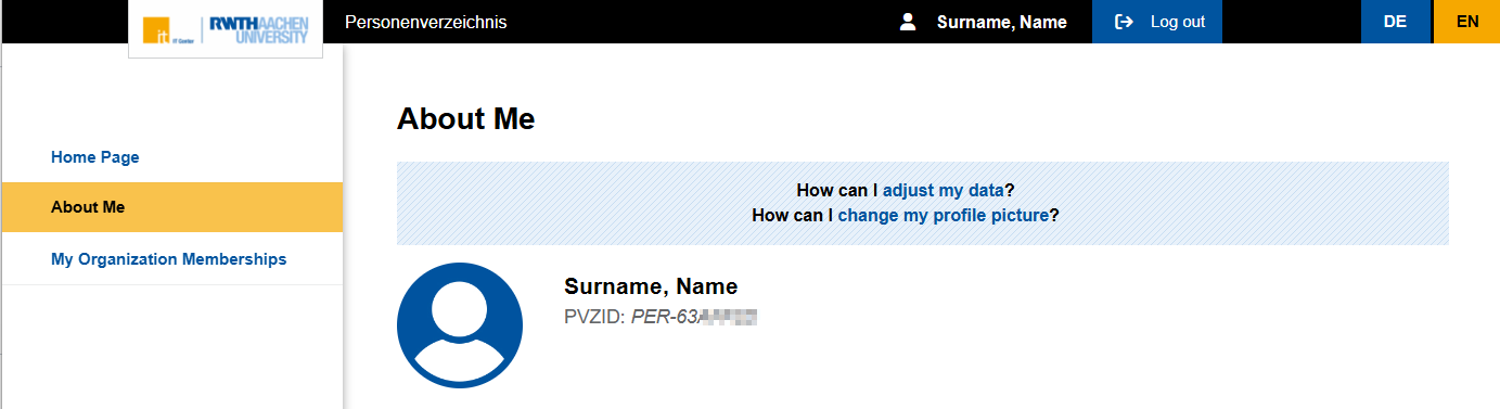 About Me section A screenshot of the About Me section. The screenshot shows the menu bar. Next to the menu bar, you can see the last name, first name, PVZID, and a placeholder for the profile picture.