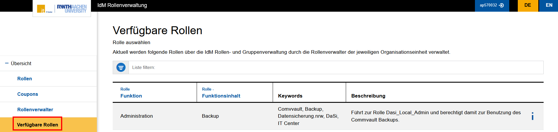 Screenshot des Reiters "Verfügbare Rolle". Die Rollen werden in einer Tabelle aufgelistet. Die Tabelle hat 4 Spalten: Role - Funktion, Role - Funktionsinhalt, Keywords und Beschreibung.