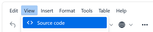 Screenshot from a menu bar in the text editor. The menu items “Edit,” “View” (selected), “Insert,” “Format,” “Tools,” “Table,” and ‘Help’ are visible. Under “View,” the “Source Code” option is selected and therefore highlighted in blue.