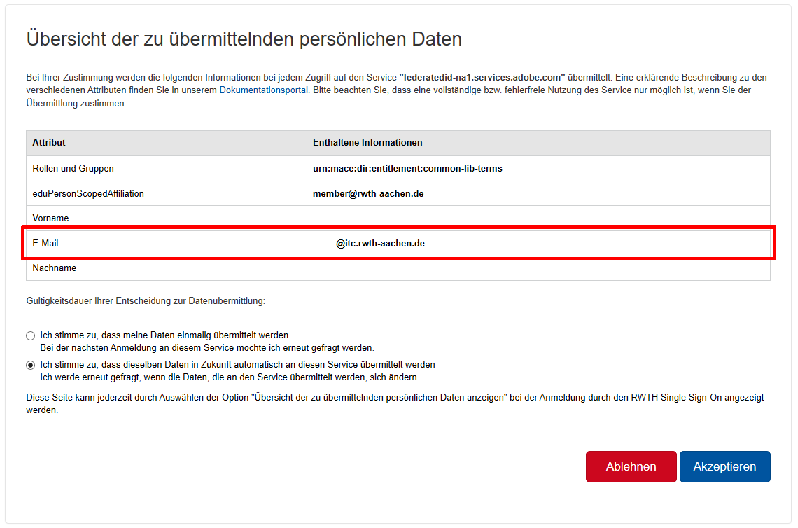 Das Bild zeigt die Übersicht von über RWTH Single Sign-On übermittelnden Daten