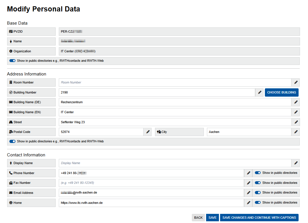 Screenshot of the "Modify Personal Data" page. Personal data is listed in a table format. The values to be edited follow the designation of each respective value. The fields "Base Data" and "Contact Information" contain a toggle switch to hide data in the public directories.