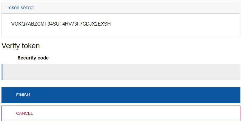 Screenshot showing the ‘verify token’ page. Beneath ‘Token secret’ is a code consisting of letters and numbers. Copy this code for a later step.