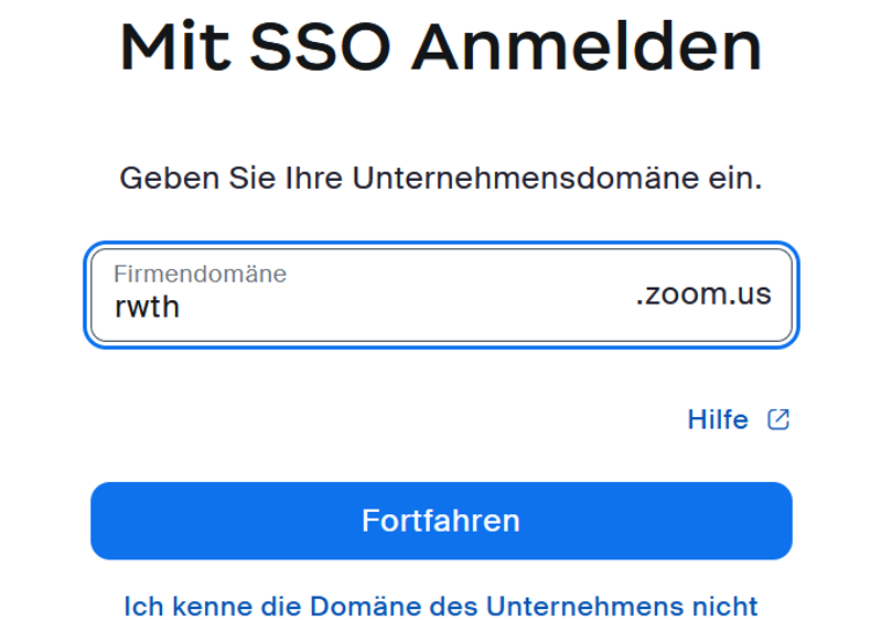 Ein Screenshot der SSO-Anmeldemaske von Zoom. Auf dem Screenshot ist das Feld zum Eintragen der Unternehmensdomäne abgebildet. Im Feld ist der Name "rwth" eingetragen. Unter dem Feld befindet sich der Button "Fortfahren".