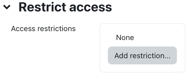 Restrict access setting of page The screenshot shows the field "Access restrictions" in the section "Restrict access". There is no restriction activated, indicated by "None". The button "Add restriction..." allows adding restrictions.