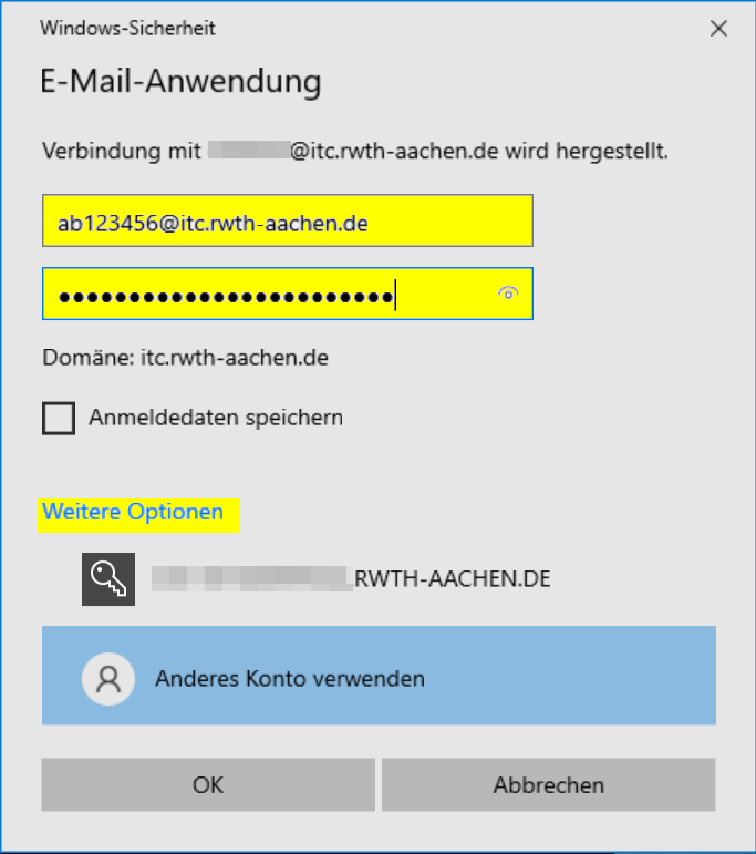 Anmeldeinformationen für den E-Mail-Account eingeben Anmeldeinformationen für den E-Mail-Account eingeben