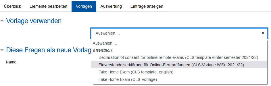 Screenshot: Vorlage auswählen