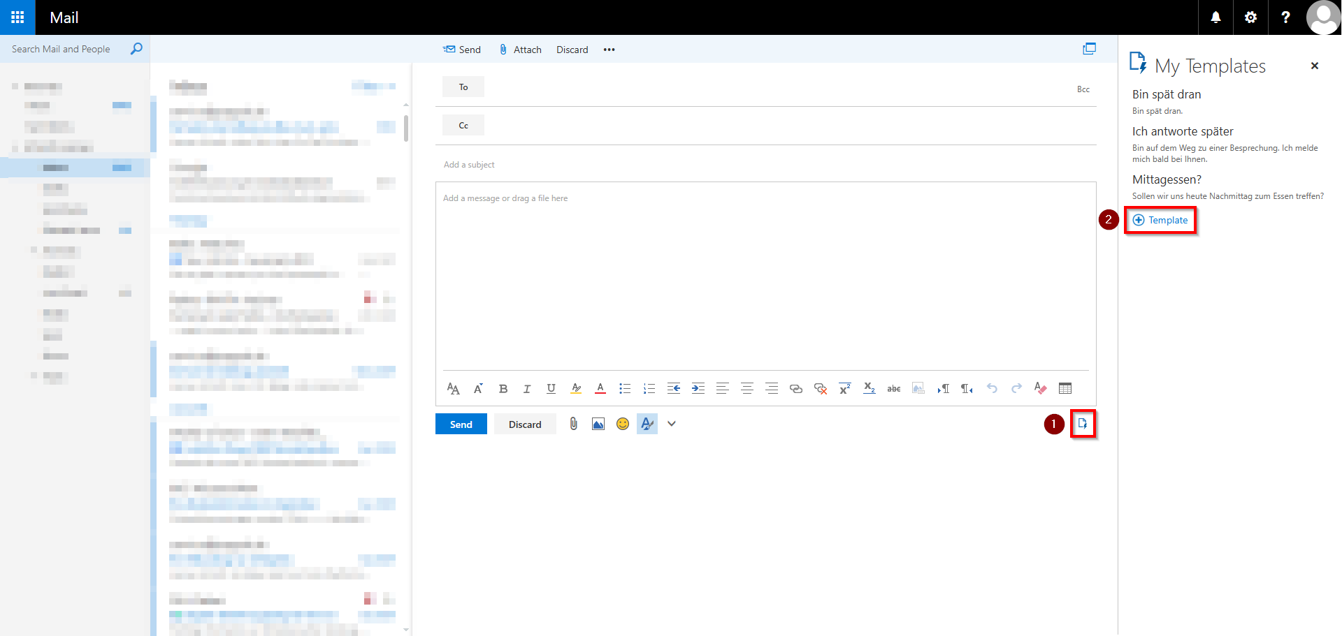 Screenshot of the RWTH Mail app showing the “My Templates” button below the email editor and the “Template” button to the right of the email editor.