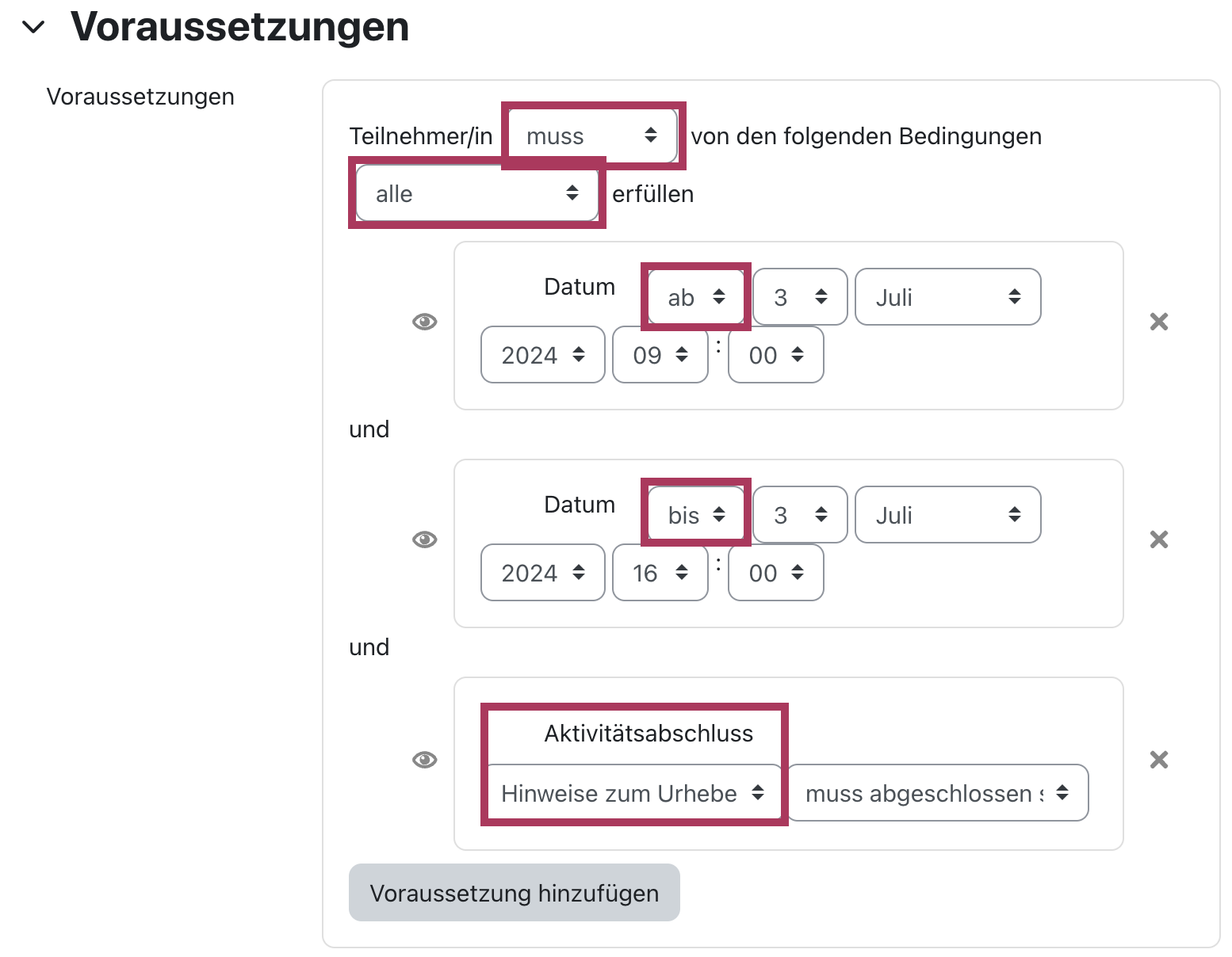Screenshot der Optionen für Voraussetzungen. Aktiviert sind zwei mit "und" verknüpfte Datumsbedingungen, die "ab" und "bis" festlegen. Als dritte Bedingung ist festgelegt, dass die Textseiten-Aktivität abgeschlossen sein muss, deren Titel im Dropdown-Menü ausgewählt ist. Die Dropdown-Menüs für ab und bis bei den Datumsvoraussetzungen sind zur Hervorhebung rot eingerahmt. Ebenso rot hervorgehoben sind die Einstellungsmenüs, in denen festgelegt wird, dass die Teilnehmer*innen "alle" Bedingungen erfüllen "müssen". Ebenso rot eingerahmt ist die dritte Bedingung.