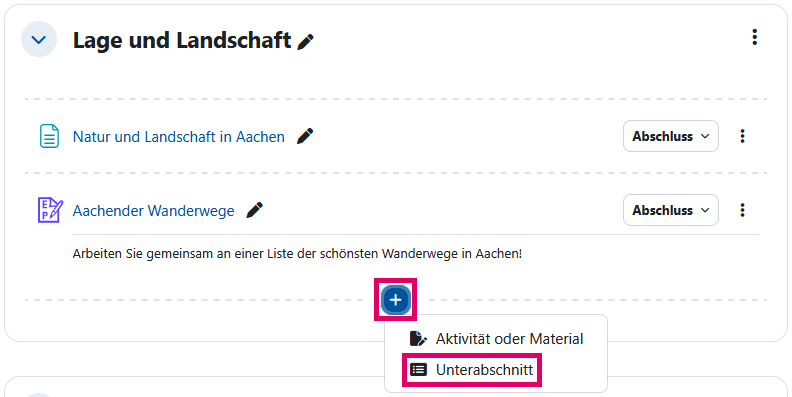 Screenshot: Gestrichelte Linie und Plus-Symbol, darunter ein Menü. Die Option "Unterabschnitt" ist rot markiert. 