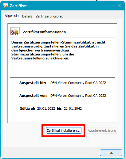 Screenshot des Fensters "Zertifikat", Reiter "Allgemein". Unter den Zertifikatsinformationen finden Sie die Schaltfläche "Zertifikat installieren"