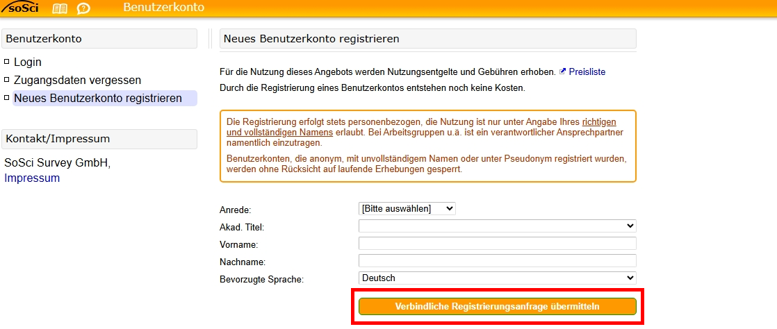 Screenshot des Registrierungsformulars. Sie müssen Ihre Anrede, Akademische Titel (wenn vorhanden), Vorname, Nachname und Bevorzugte Sprache eingeben. Darunter befindet sich die Schaltfläche "Verbindliche Registrierungsanfrage übermitteln".