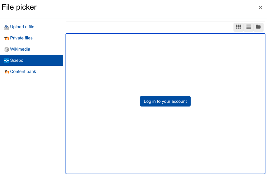 Screenshot: "File picker" dialogue with the login button for Sciebo, "Log in to your account". Other sources for files are "Upload a file", "Private files", Wikimedia", and "Content bank".