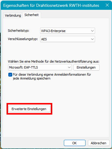 Screenshot der Registerkarte "Sicherheit". Erweiterte Einstellungen ist die nächste Schaltfläche nach der Schaltfläche Einstellungen, die Sie in Schritt 26 ausgewählt haben.