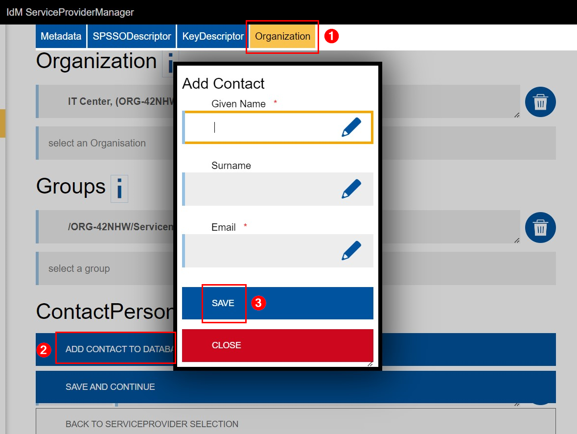 Screenshot of the "Add contact to database" pop-up window. You can add the first name, last name, and email address. Below that are the "Save" and "Close" buttons.
