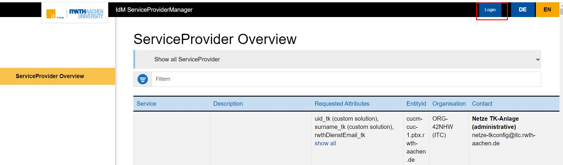 Screenshot of the SPM home page. The Login button is located in the menu bar, before the language selection.