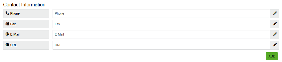Screenshot of the “Contact details” section. All the organization's contact options are displayed here. The “Add” button is located under “URL”.