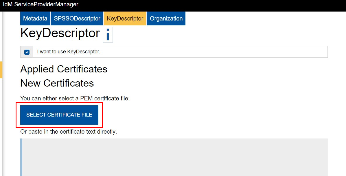 Screenshot of the KeyDescriptor tab.  Checking "I want to use KeyDescriptor" will display the "Applied Certificates" and "New Certificates" sections. Under "New Certificates," you will find the "Select Certificate File" and "Apply Certificate" buttons.