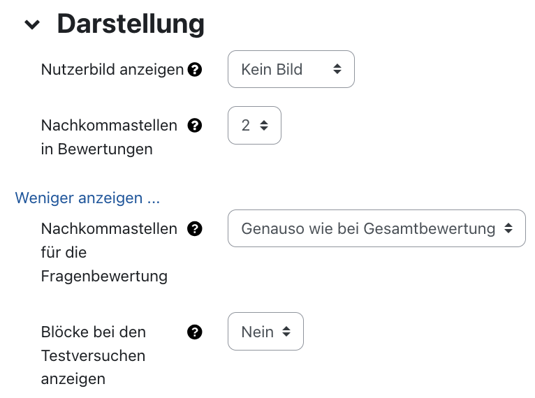 Darstellung Optionen für Test