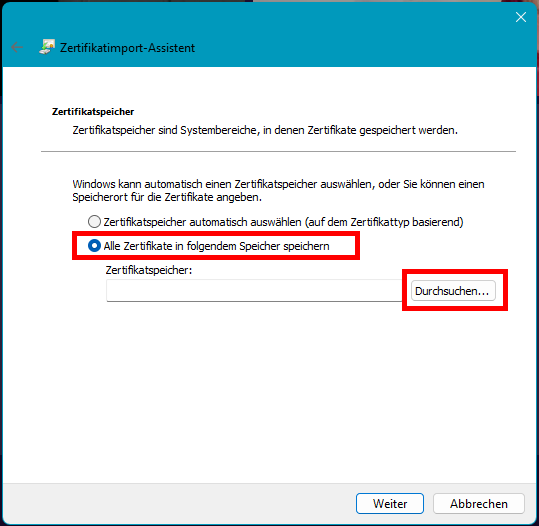 Screenshot des Zertifikatsimport-Assistenten. Sie können wählen, ob Windows automatisch einen Zertifikatspeicher auswählen soll oder ob Sie einen manuell auswählen möchten. Die Schaltfläche "Durchsuchen" befindet sich unter dieser Option.