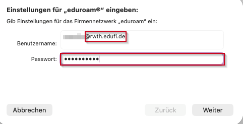 Popup-Fensters zur Zugangsdateneingabe