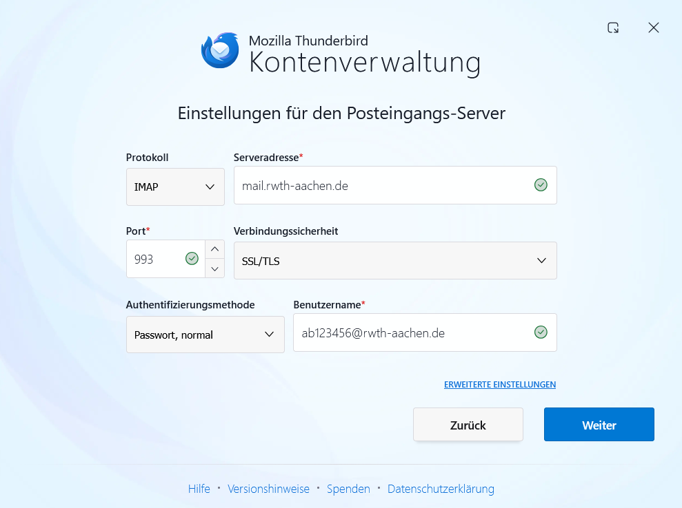 Einstellungen für den Posteingangs-Server