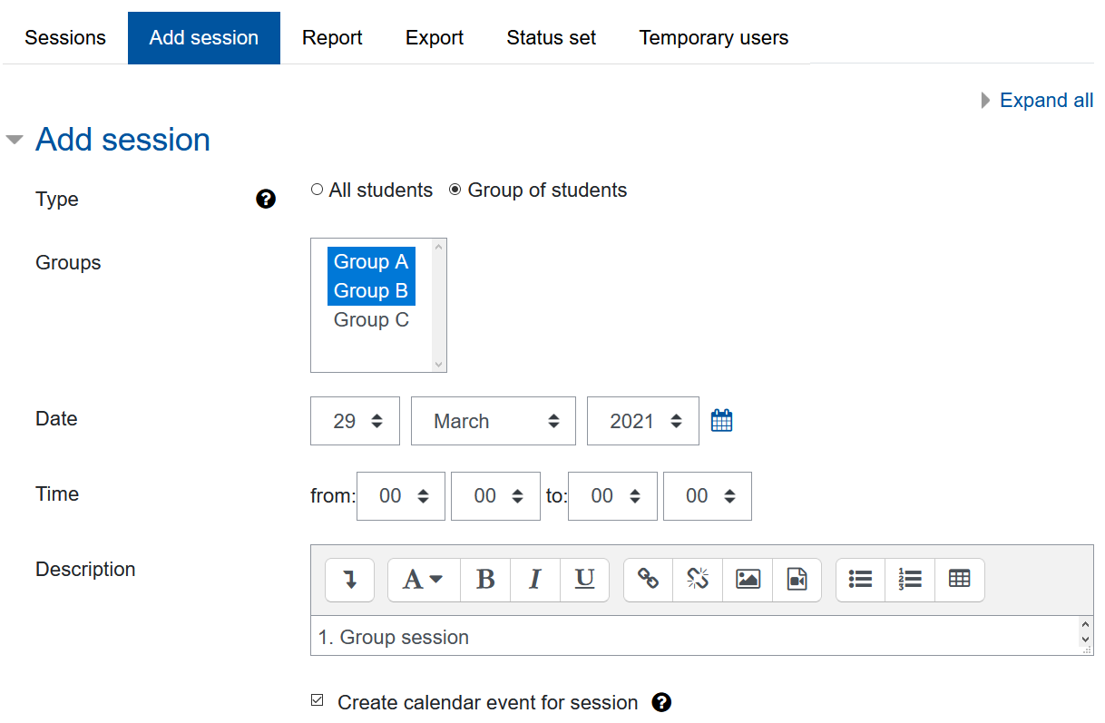 Settings for adding a new session Screenshot settings for adding a new session