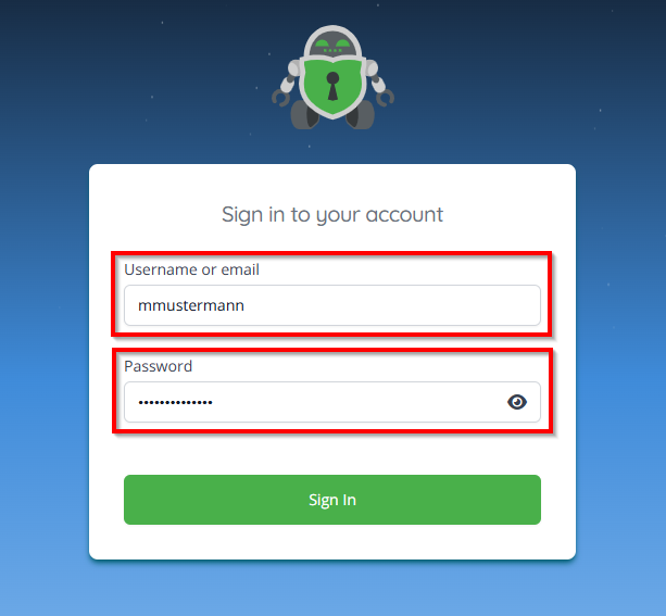 Screenshot des Loginscreen von Crypomator HUB. In der Mitte sind die Eingabefelder für den Benutzernamen und das Passwort markiert.