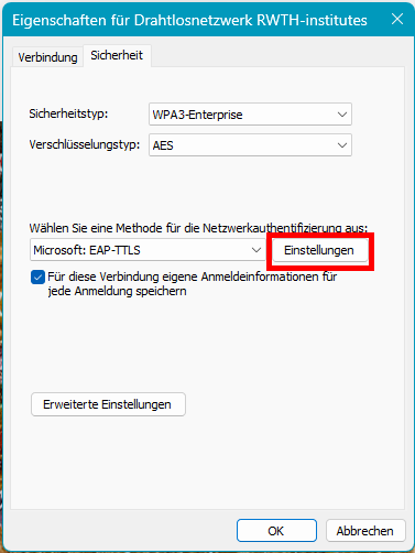 Screenshot des Reiters Sicherheit. Die Einstellungen sind in Dropdown-Menüs aufgelistet. Nach dem Dropdown-Menü "Wählen Sie eine Methode für die Netzwerkauthentifizierung" befindet sich die Schaltfläche "Einstellungen".