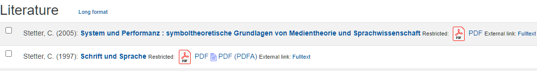 Screenshot: Two literature items in the "short format" as a list. Each entry has a checkbox and shows the author, the year of publication, a link to the publication, a format icon, a download link, and a link to the full text.