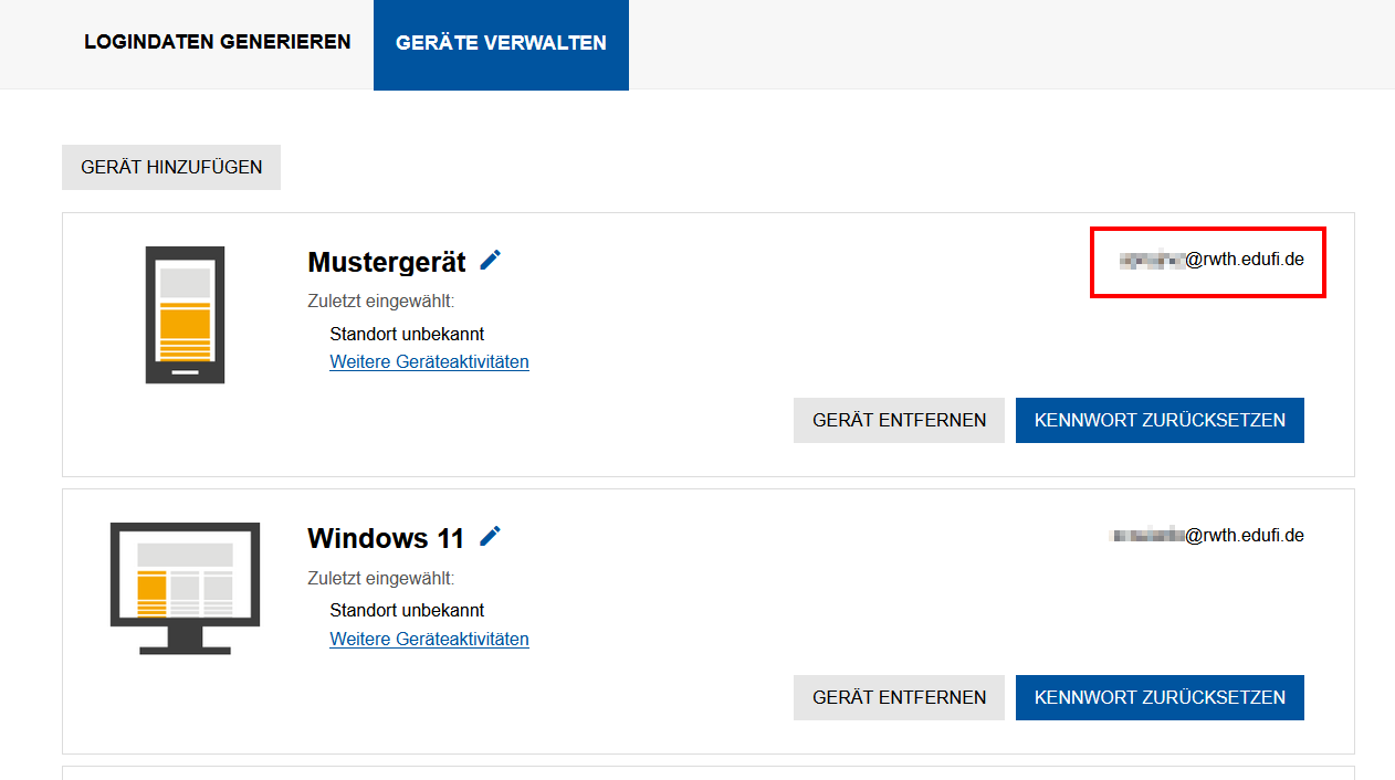 Screenshot der Geräteverwaltung. Der Benutzername wird nach dem Link "Weitere Geräteaktivitäten" ausgelesen.