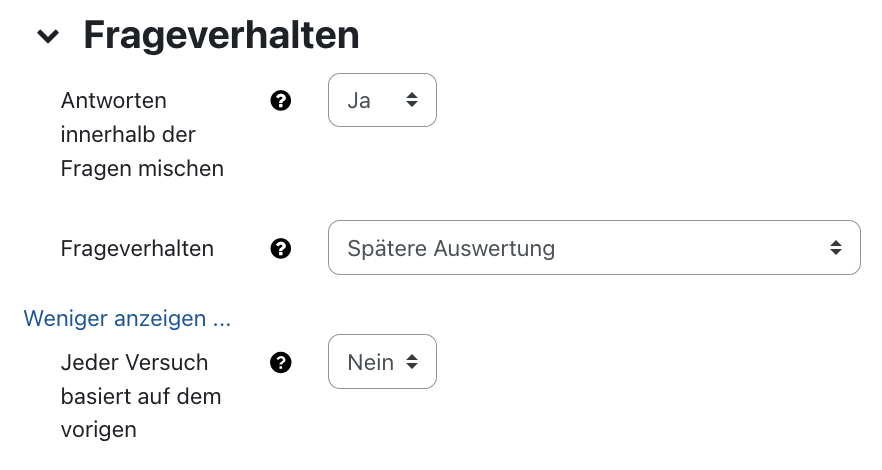 Fragenverhalten Einstellungen