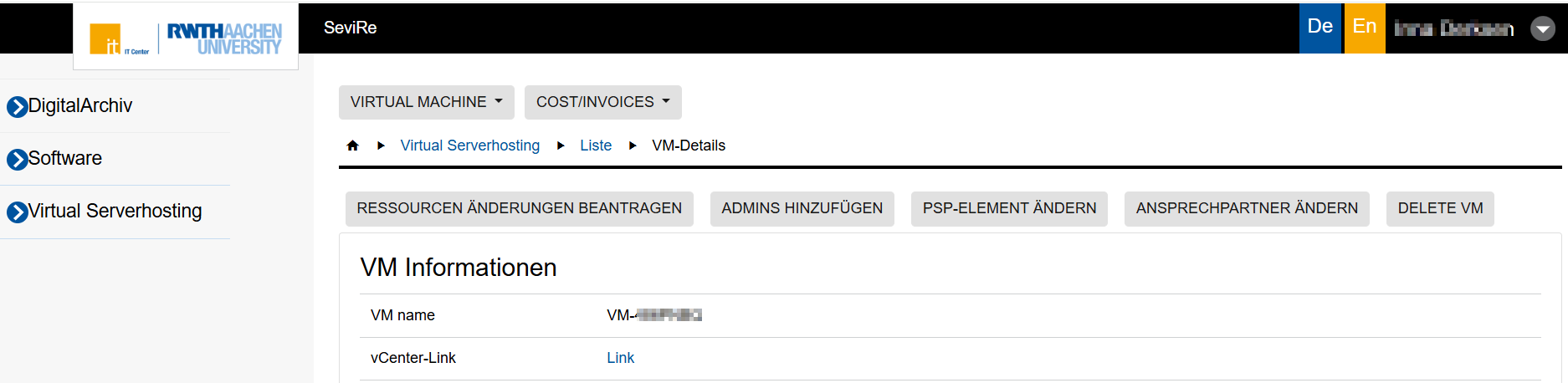 A screenshot of the SeviRe interface. The screenshot shows the options Ressorcenänderungen beantragen, Admins hinzufügen, PSP-Element ändern, Ansprechpartner ändern, and Delete VM.