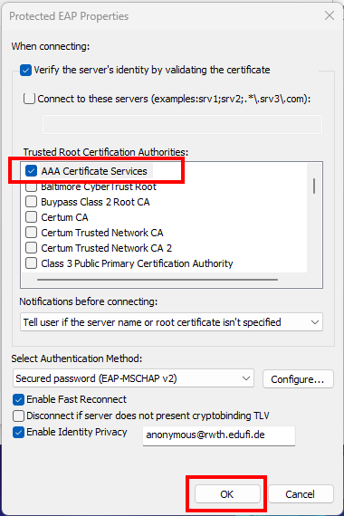 Screenshot of the Protected EAP Properties window. The Trusted Root Certification Authorities section is the second section. The certificates are listed in alphabetical order.