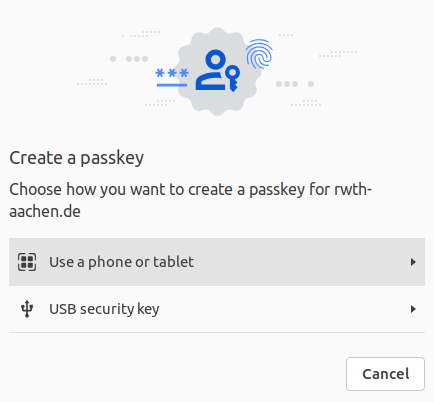 Screenshot of the ‘Create passkey’ window. The ‘USB security key’ button is the second selection option. Screenshot of the ‘Create passkey’ window. The ‘USB security key’ button is the second selection option. 