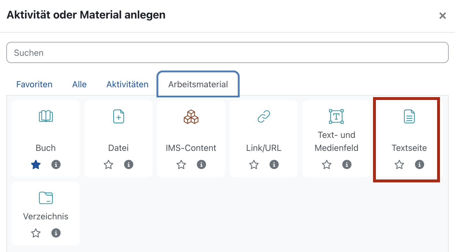 Screenshot des Aktivitätsauswahlfensters in Moodle. Der Reiter "Arbeitsmaterial" ist ausgewählt und die Option "Textseite" hervorgehoben.